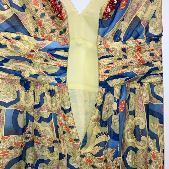 Kay Unger size 6 SILK Blue and Tan Ruched A-Line Midi dress - NWT but FLAWED - Picture 15 of 16